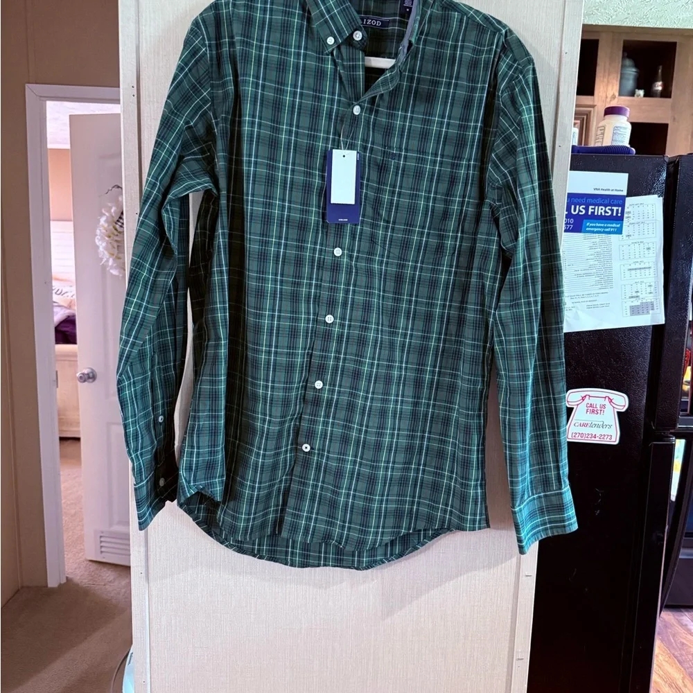 Izod Green Blue Plaid Casual Shirt